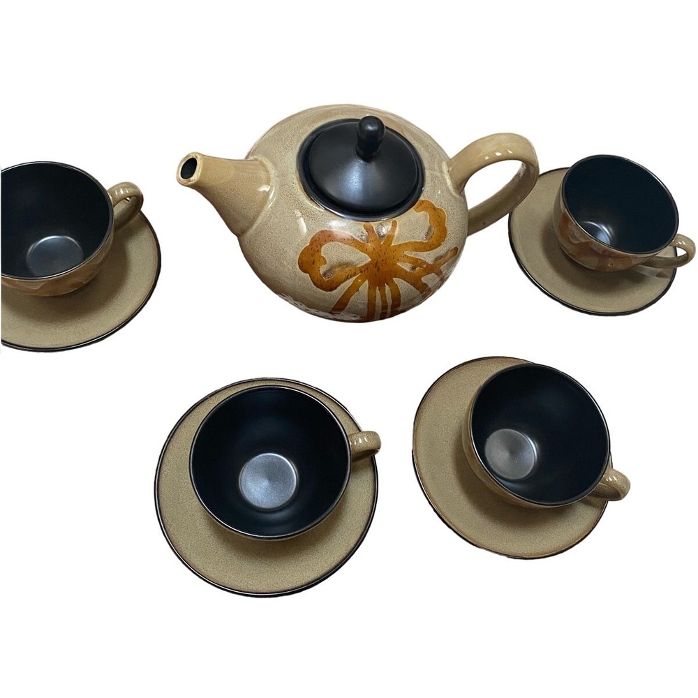 Vtg Pier 1 Hand painted Kioko speckled Stoneware Teapot 4 cups 9 piece 2007